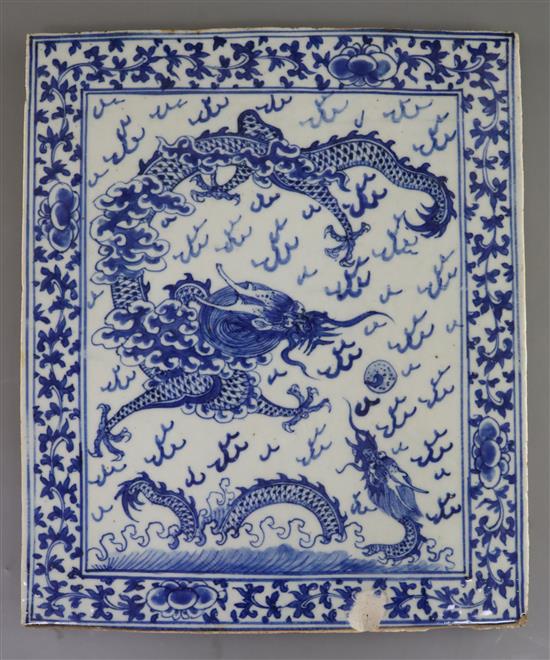A Chinese blue and white dragon plaque, 19th century, 30cm x 25cm, shallow chips to edge
